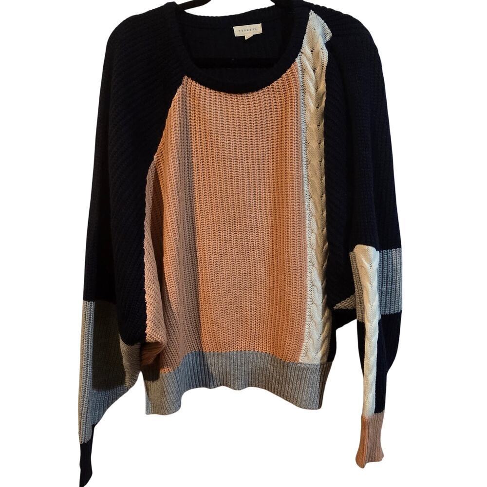 Promesa Pullover Sweater Ribbed TriColor Navy Blue Peach Cream Women's M/L